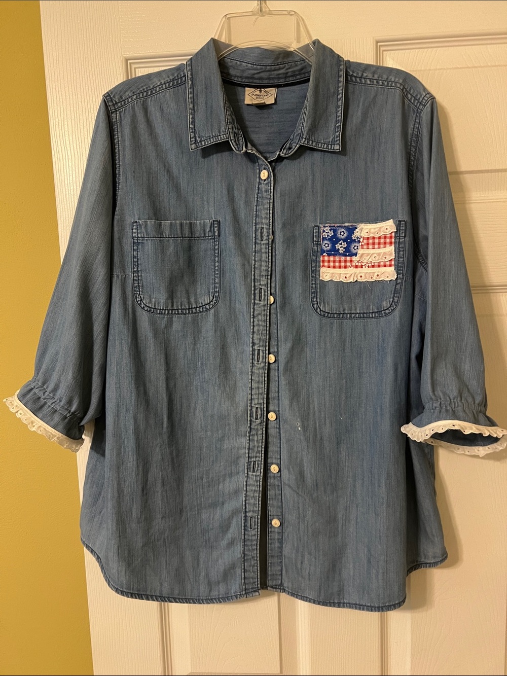 St. John's Bay Denim Button-Front Blouse with Flag Patch